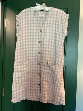 Lou & Grey Tan and White Gingham Button-Front Linen Dress